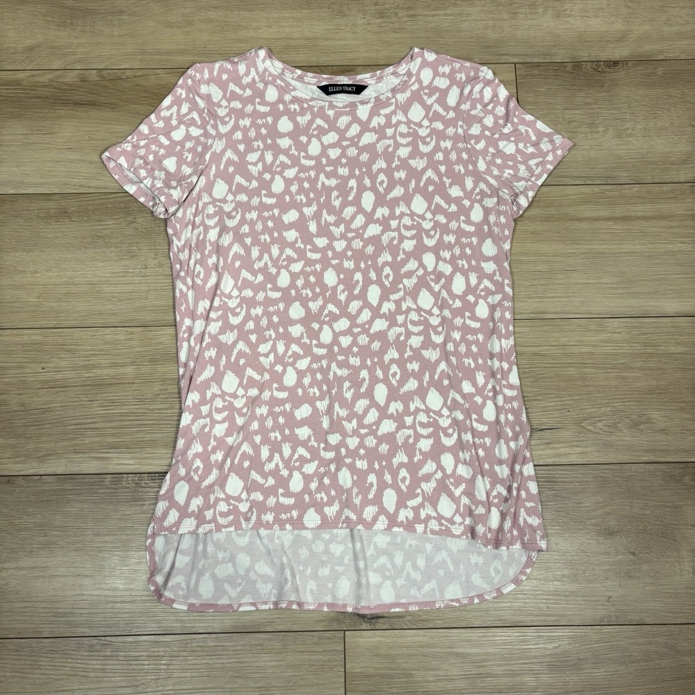 Ellen Tracy Shirt Top Blouse Pullover Round Neck‎ Womens M Pink Blush Leopard
